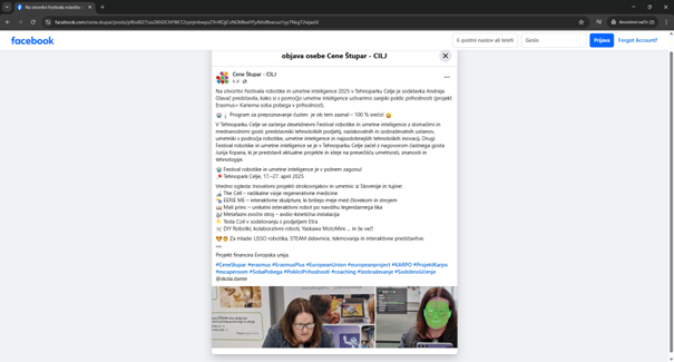 Slika prikazuje posnetke zaslona objave narejene na Facebooku.