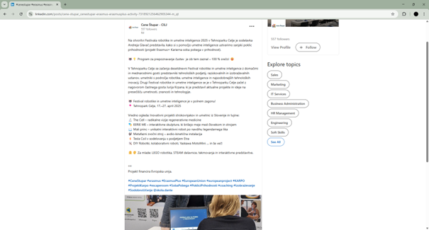 Slika prikazuje posnetke zaslona objave narejene na LinkedInu.